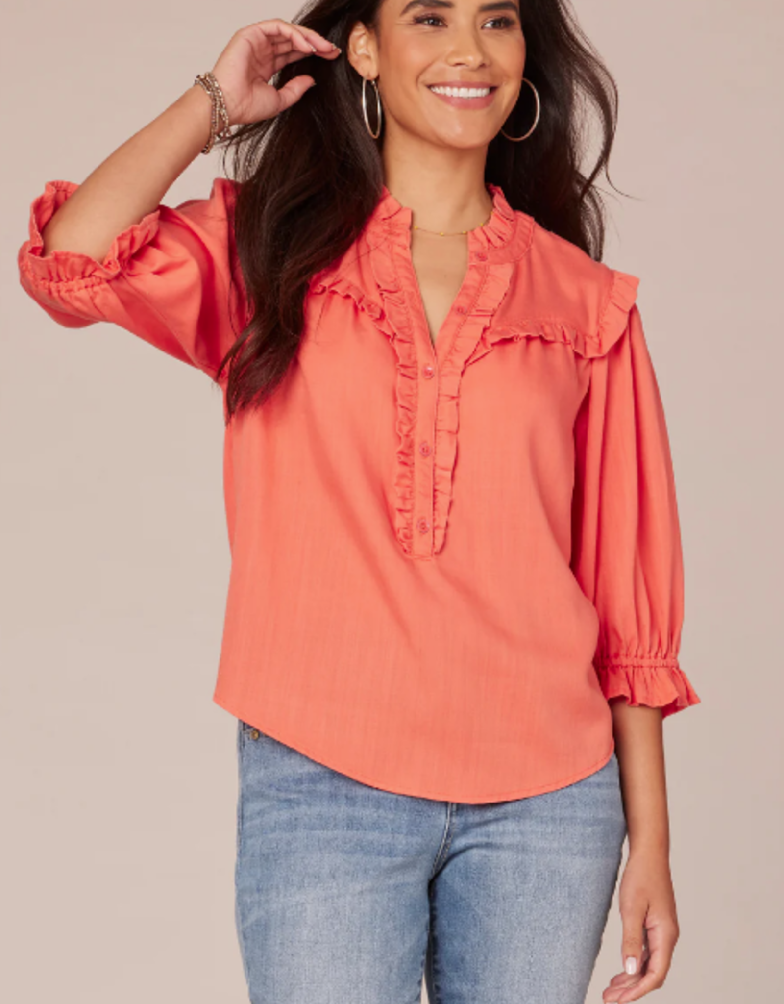 Democracy Democracy Coral V Neck Ruffle Detail S/S Top AL