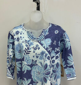 Tru Luxe TRU LUXE  Blue Floral Print  Notch Neck Knit Top CE