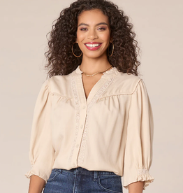 Democracy Democracy Khaki V Neck Ruffle Detail S/S Top AL