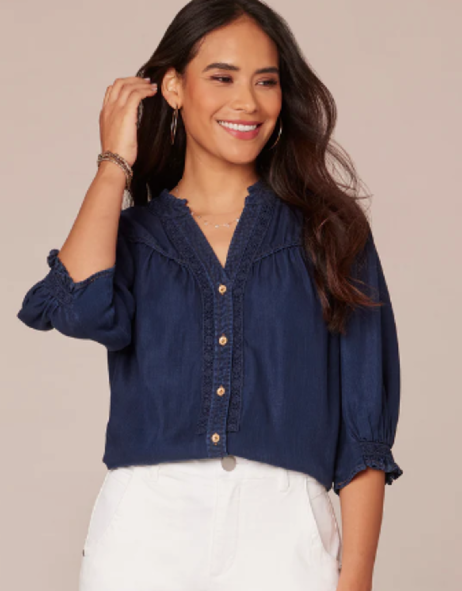 Democracy Democracy Indigo V Neck Ruffle Detail S/S Top AL
