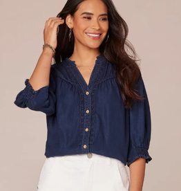 Democracy Democracy Indigo V Neck Ruffle Detail S/S Top AL