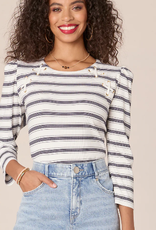 Democracy Democracy  Off White/Navy  Round Neck Lace Up Detail 3/4 Sleeve Top LH