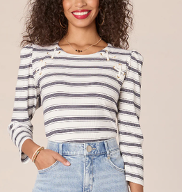 Democracy Democracy Off White/Navy  Round Neck Lace Up Detail 3/4 Sleeve Top LH
