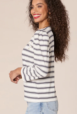 Democracy Democracy  Off White/Navy  Round Neck Lace Up Detail 3/4 Sleeve Top LH