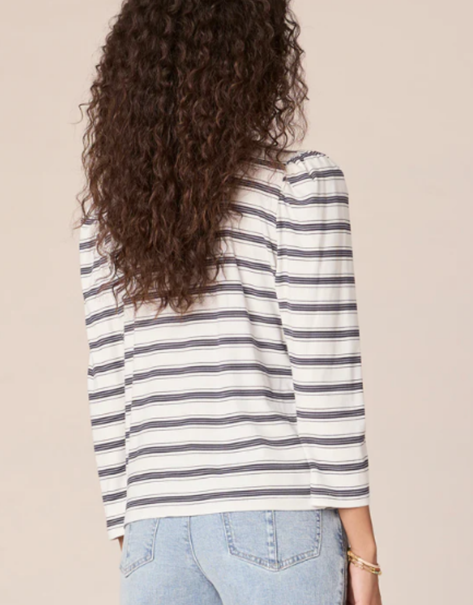 Democracy Democracy  Off White/Navy  Round Neck Lace Up Detail 3/4 Sleeve Top LH