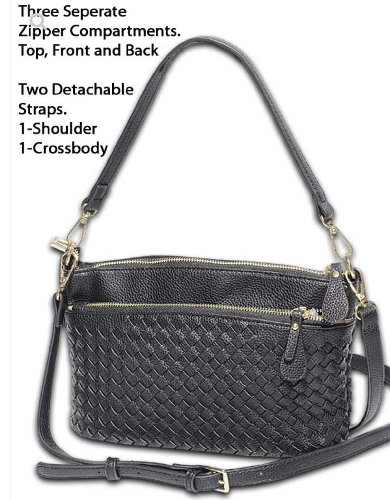 MC Handbags MC Handbags Meloney  Black Woven 3 Zipper Compartment Shoulder/Crossbody LC