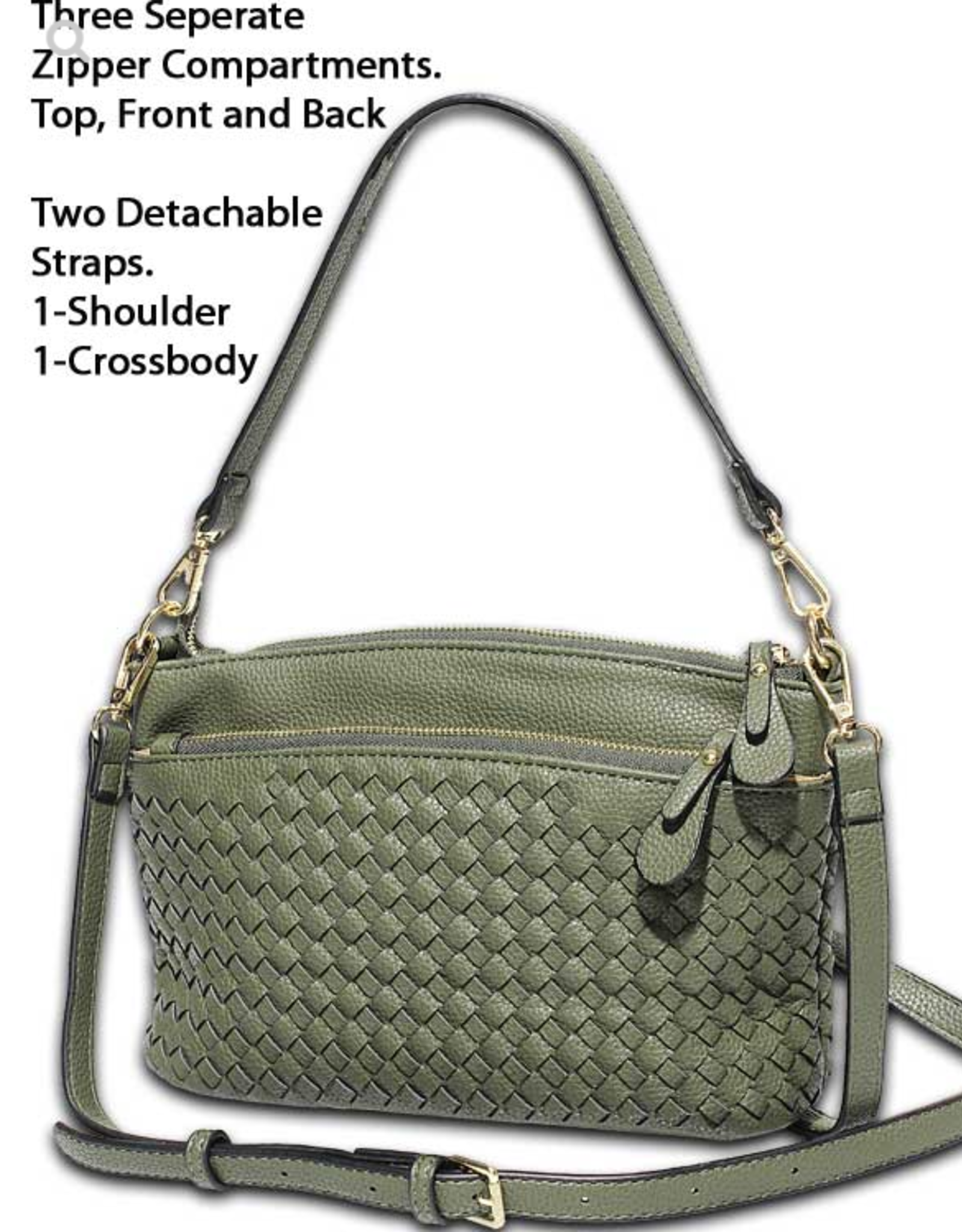 MC Handbags MC Handbags Meloney  Olive Woven 3 Zipper Compartment Shoulder/Crossbody LC