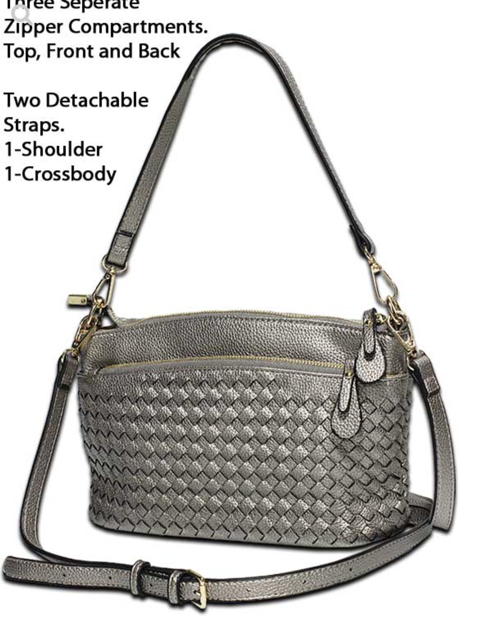 MC Handbags MC Handbags Meloney 6043 Pewter Woven 3 Zipper Compartment Shoulder/Crossbody LC