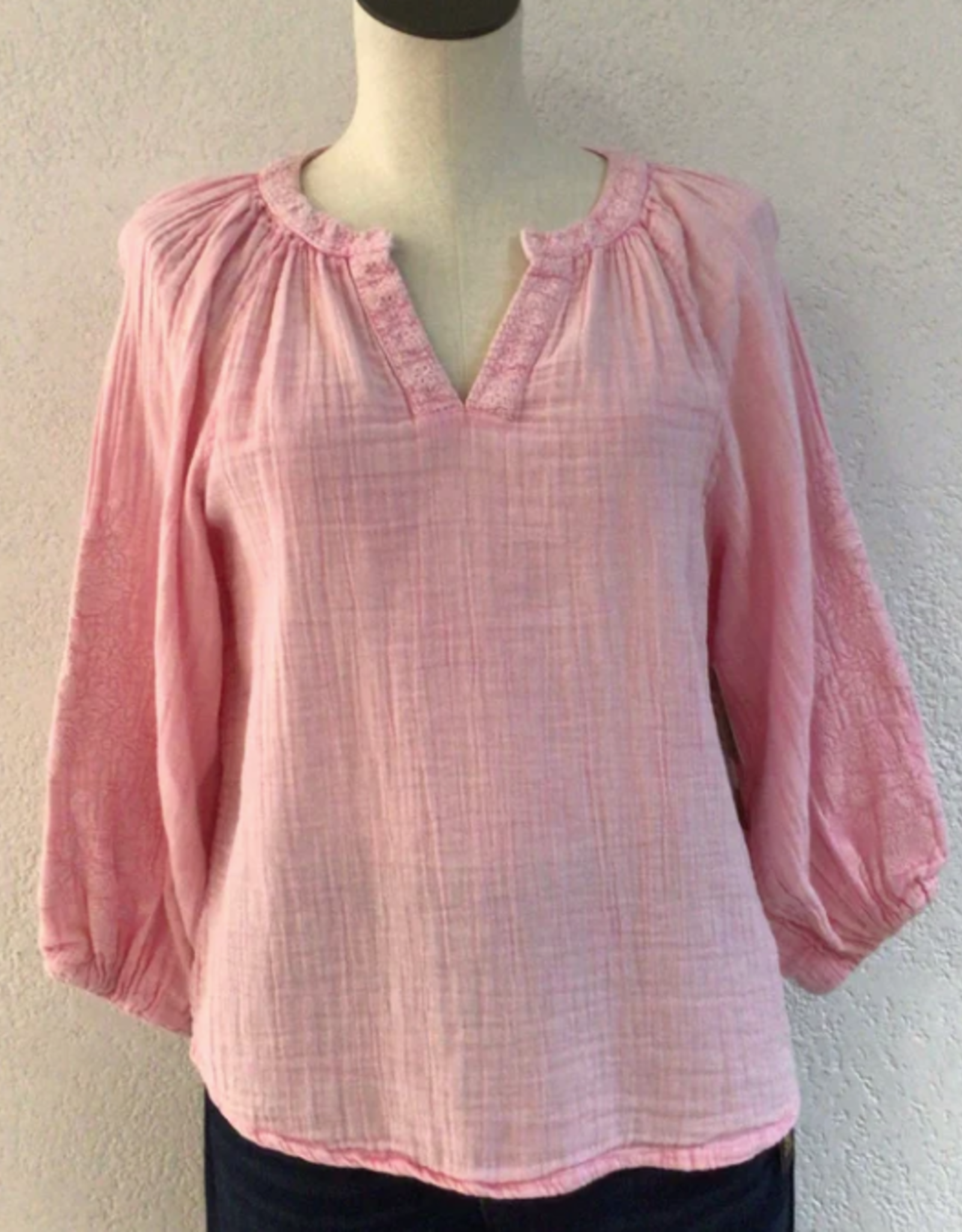 Tru Luxe Tru Luxe  Lt. Pink Embroidered Sleeve Popover Top AS