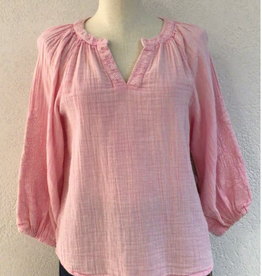 Tru Luxe Tru Luxe  Lt. Pink Embroidered Sleeve Popover Top AS