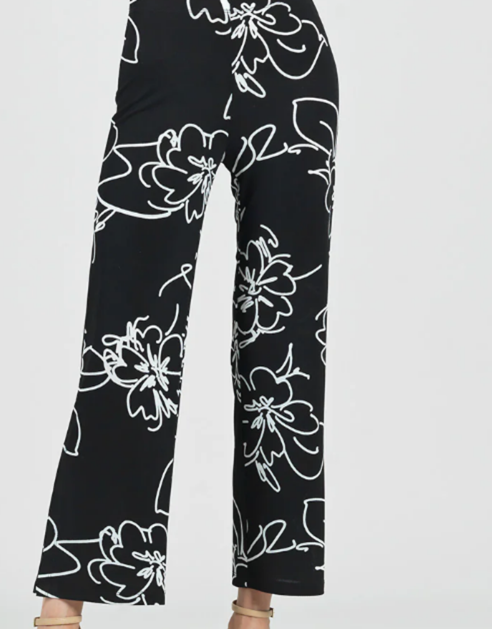 Clara Sun Woo Clara Sun Woo Black/White Floral Sketch Side Slit Soft Crepe Pull On Ankle Pant CE