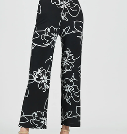 Clara Sun Woo Clara Sun Woo  Black/White Floral Sketch Side Slit Soft Crepe Pull On Ankle Pant CE