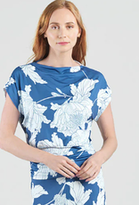 Clara Sun Woo Clara Sun Woo Blue/White Mum Print Soft Knit Short Sleeve Boat Neck Top W/Side Ruched Waist CK