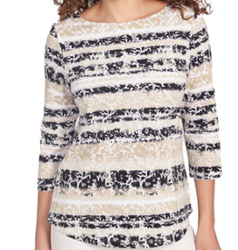 Ruby Rd Ruby Rd Chino/Multi 3/4 Sleeve Scalloped Boat Neck Watercolor Floral Stripe Print knit Top BA