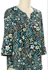 Links Links Ink Glacier Citron Floral Print Button V-Neck 3/4 Slv Top
