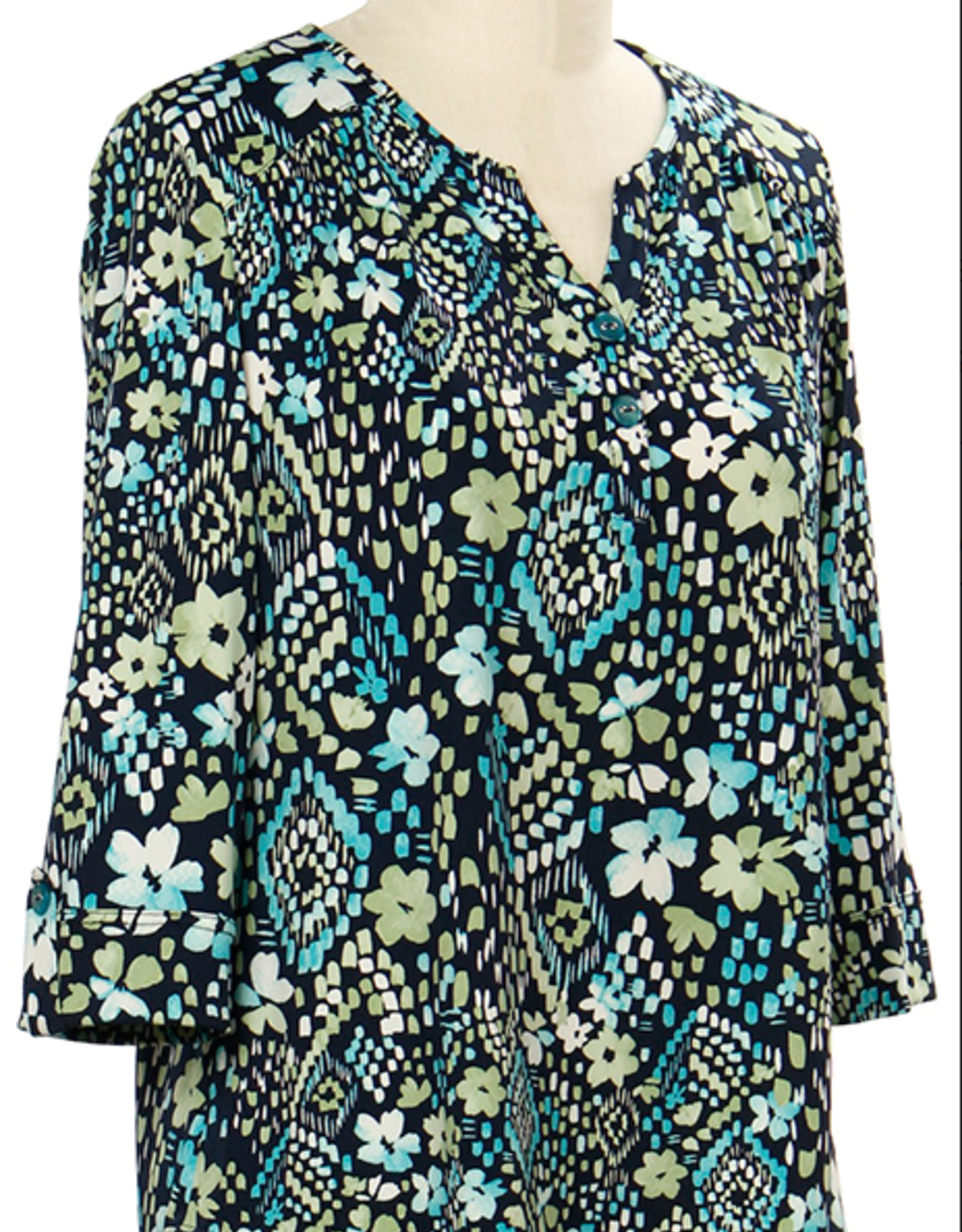 Links Links Ink Glacier Citron Floral Print Button V-Neck 3/4 Slv Top