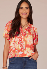 Democracy Democracy  Candy Red Short Bell Sleeve Ruffle Edge Neck Half Placket Printed Woven Top LS