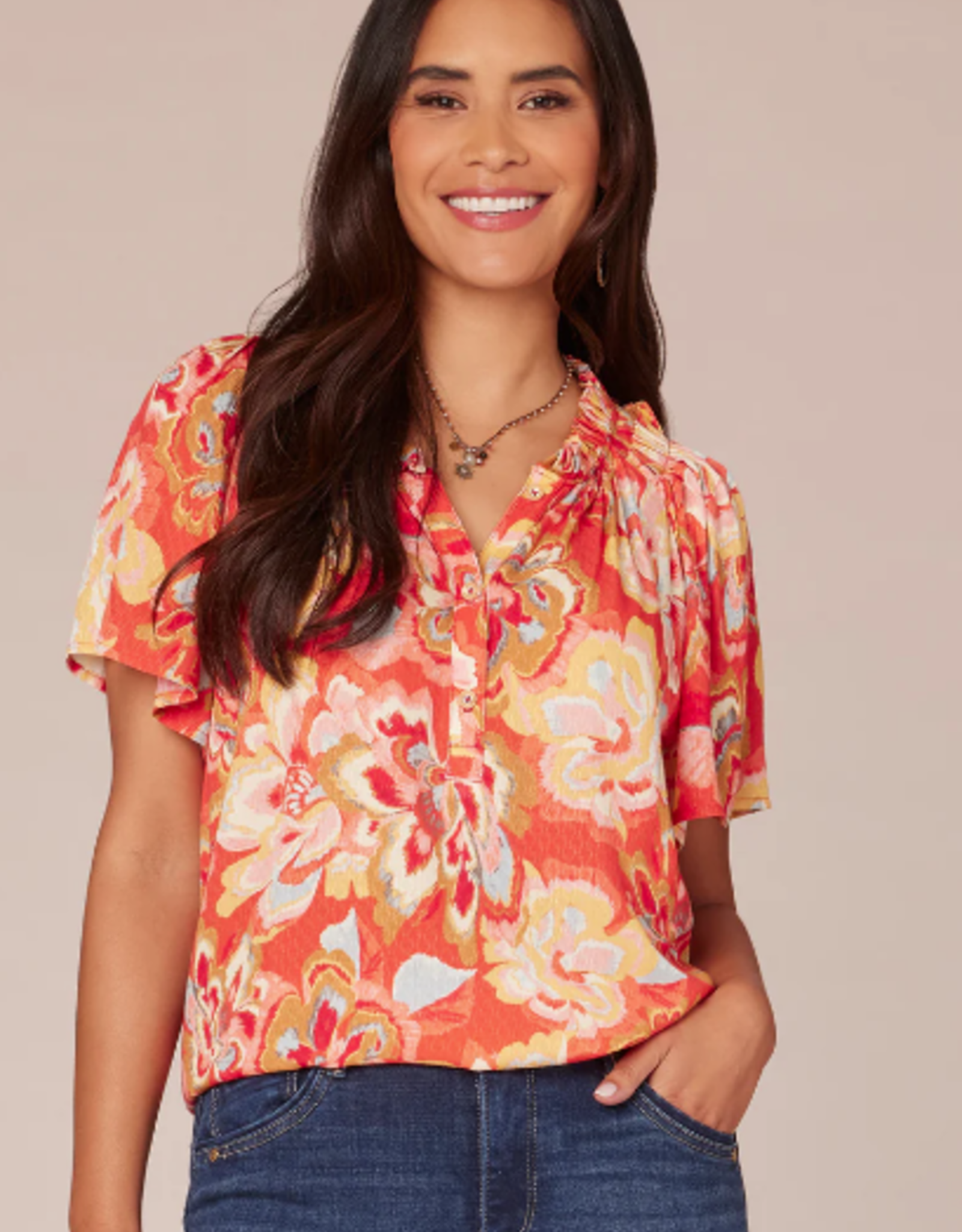 Democracy Democracy  Candy Red Short Bell Sleeve Ruffle Edge Neck Half Placket Printed Woven Top LS