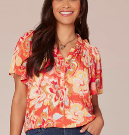 Democracy Democracy  Candy Red Short Bell Sleeve Ruffle Edge Neck Half Placket Printed Woven Top LS