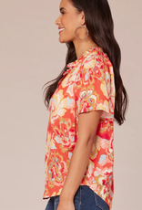 Democracy Democracy  Candy Red Short Bell Sleeve Ruffle Edge Neck Half Placket Printed Woven Top LS