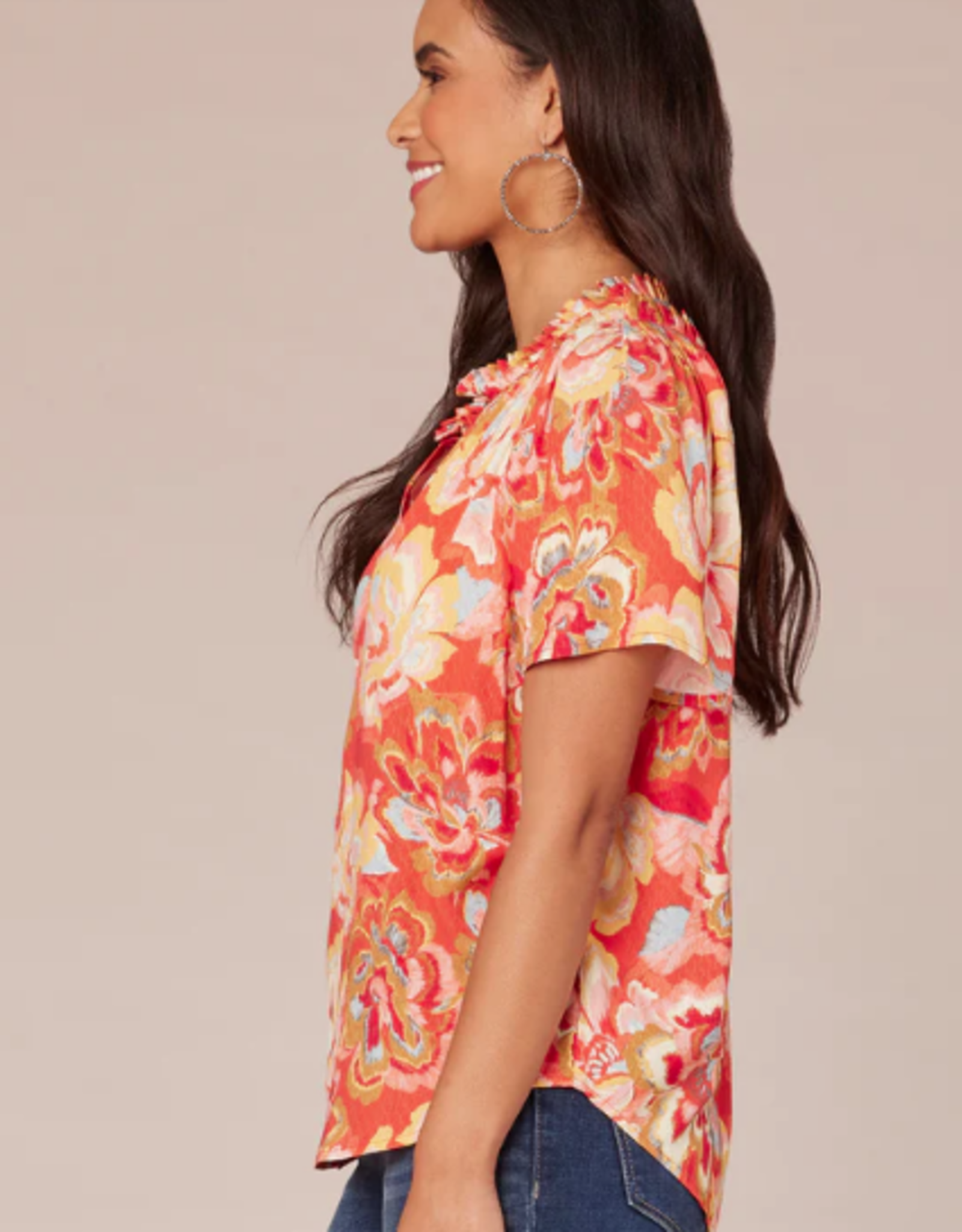 Democracy Democracy  Candy Red Short Bell Sleeve Ruffle Edge Neck Half Placket Printed Woven Top LS