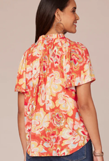 Democracy Democracy  Candy Red Short Bell Sleeve Ruffle Edge Neck Half Placket Printed Woven Top LS