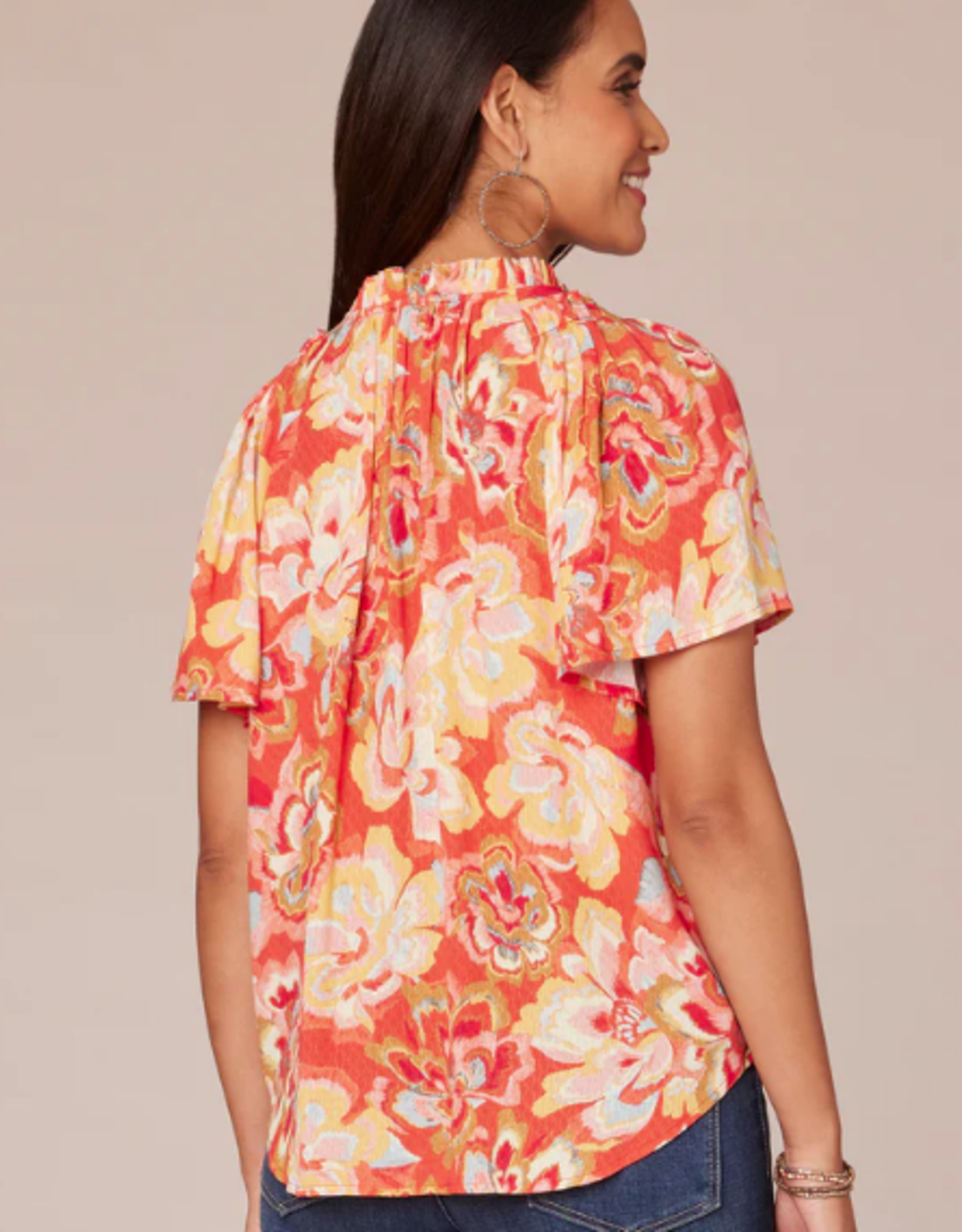 Democracy Democracy  Candy Red Short Bell Sleeve Ruffle Edge Neck Half Placket Printed Woven Top LS