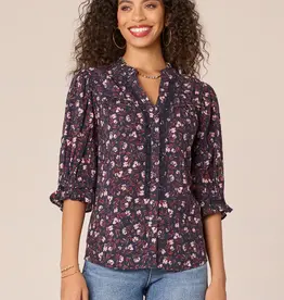 Democracy Democracy Navy Below Elbow, cinched Band Sleeve, Buttone Down W/Crochet Inset Printed Woven Top LS