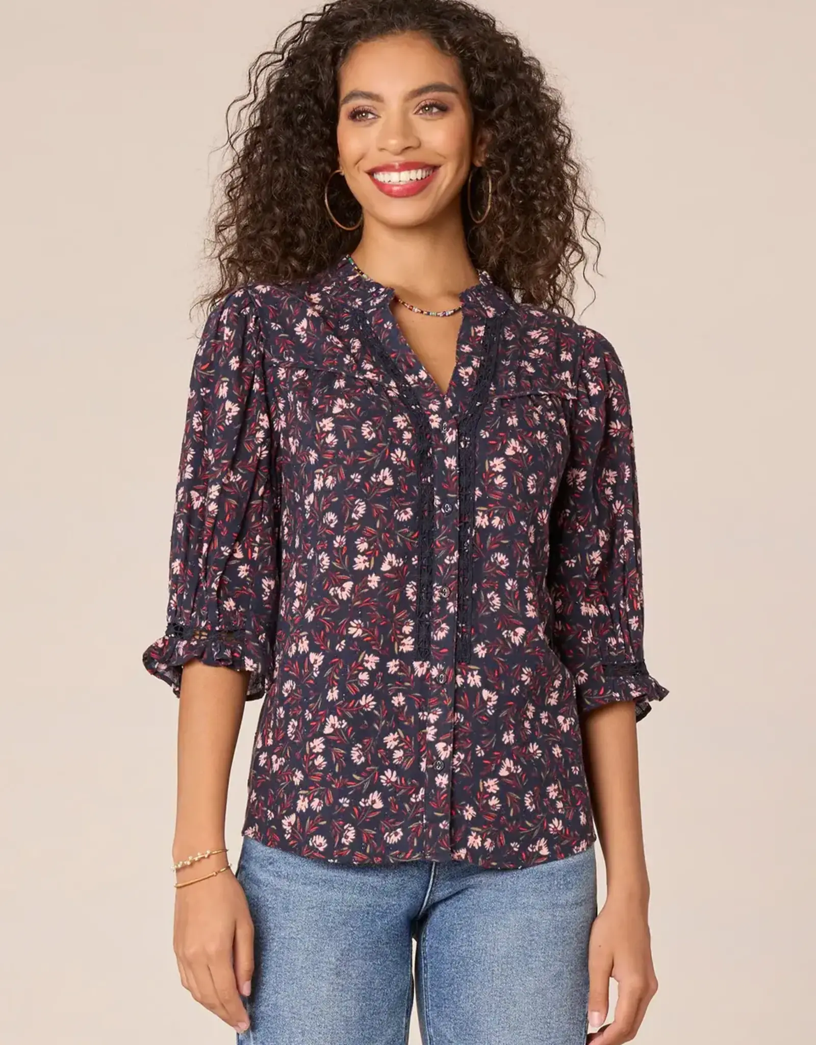 Democracy Democracy Navy Below Elbow, cinched Band Sleeve, Buttone Down W/Crochet Inset Printed Woven Top LS