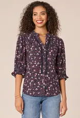 Democracy Democracy Navy Below Elbow, cinched Band Sleeve, Buttone Down W/Crochet Inset Printed Woven Top LS