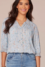Democracy Democracy Cinched Sleeve Pintuck Picot Button Front Printed Petite Top