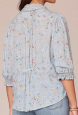 Democracy Democracy Cinched Sleeve Pintuck Picot Button Front Printed Petite Top