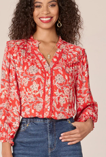 Democracy Democracy Poppy Red Multi Print 3/4 Sleeve Button Down Top