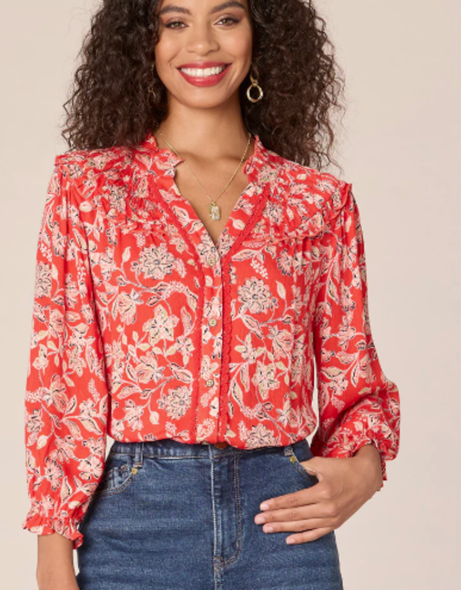 Democracy Democracy Poppy Red Multi Print 3/4 Sleeve Button Down Top