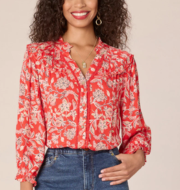 Democracy Democracy Poppy Red Multi Print 3/4 Sleeve Button Down Top