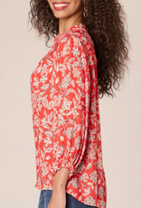 Democracy Democracy Poppy Red Multi Print 3/4 Sleeve Button Down Top