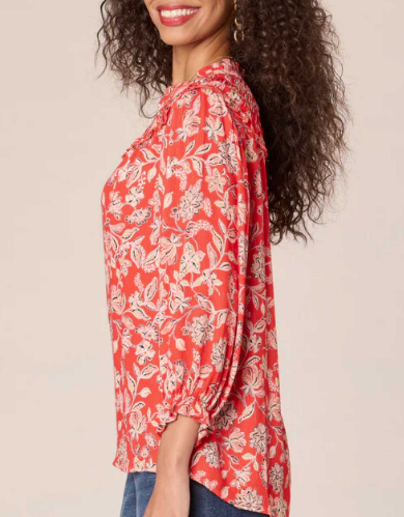 Democracy Democracy Poppy Red Multi Print 3/4 Sleeve Button Down Top
