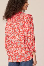 Democracy Democracy Poppy Red Multi Print 3/4 Sleeve Button Down Top