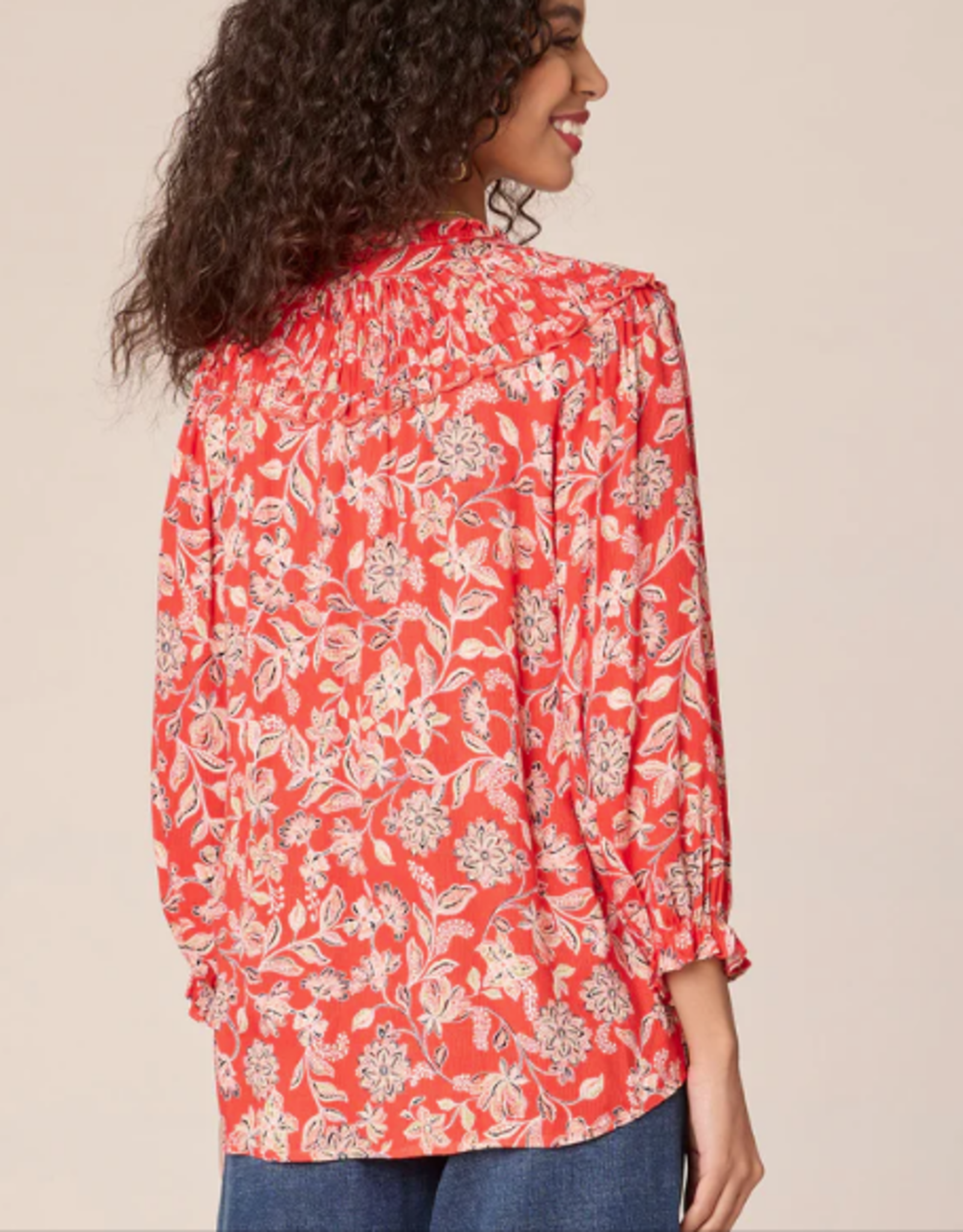 Democracy Democracy Poppy Red Multi Print 3/4 Sleeve Button Down Top