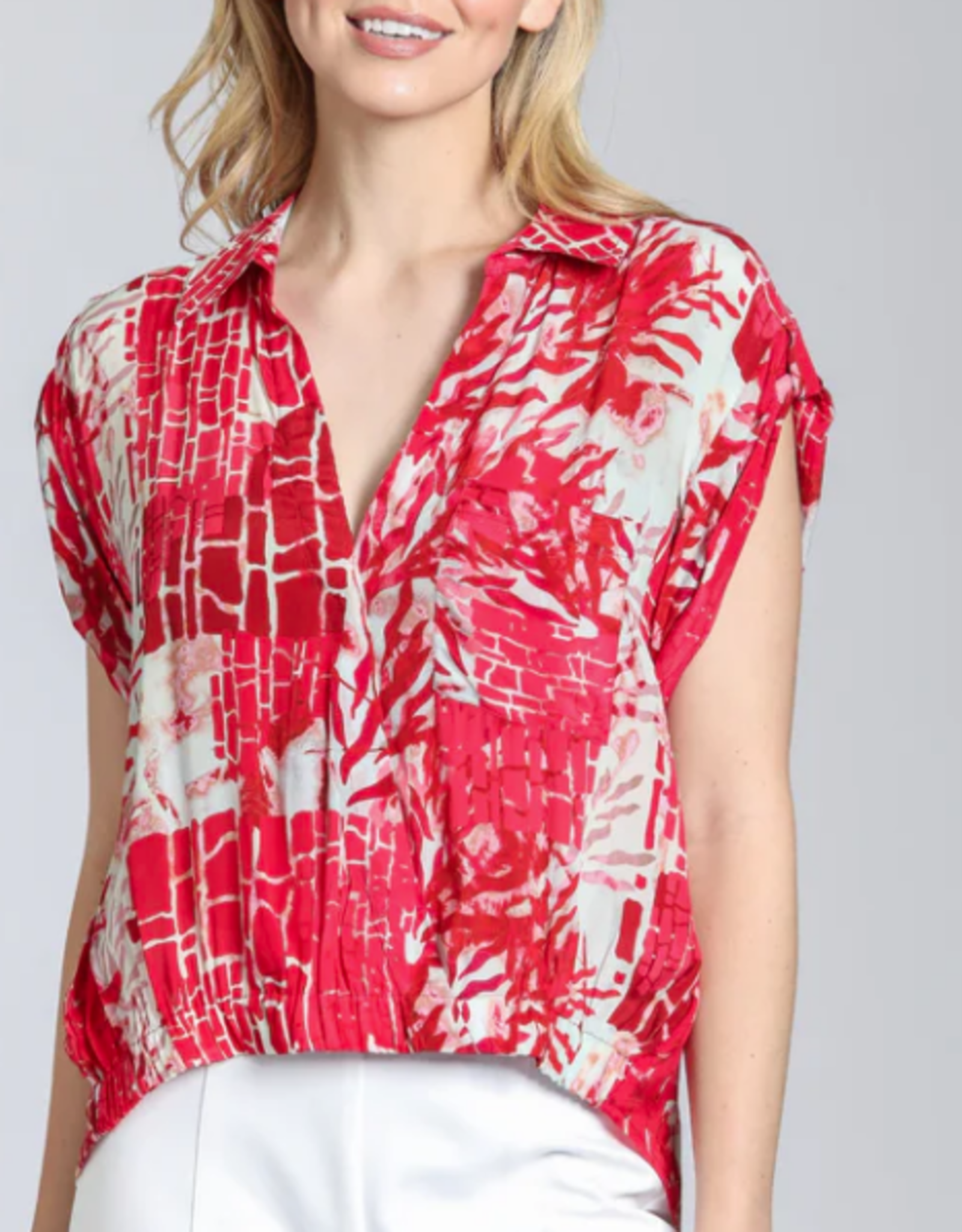 APNY APNY Red Printed Wrap Blouse W/Tabbed Cuffs AS