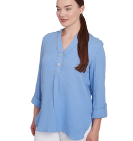Ruby Rd Ruby Rd  Periwinkle 3/4 Sleeve Half-Placket Double Gauze Top