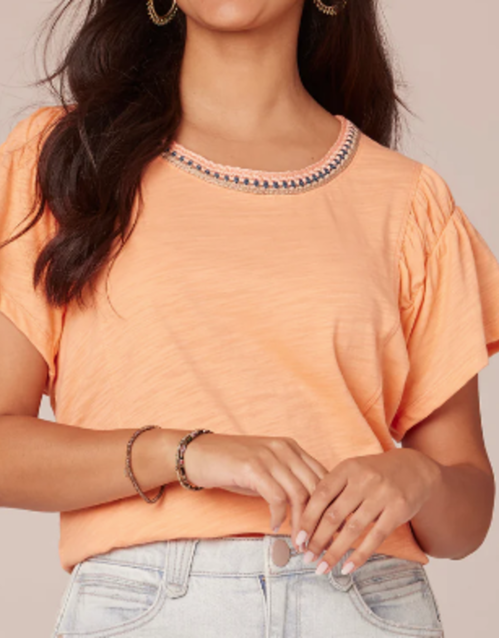 Democracy Democracy Petite Peach Fuzz Short Sleeve Scoop Crochet Neck W/ruched Arm Holes LE