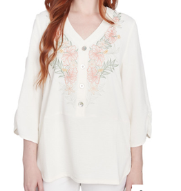Ruby Rd Ruby Rd Linen White Embroidered Crepe Gauze 3/4 Ruched Sleeve LB