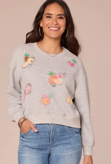 Democracy Democracy  Heather Grey 3/4 Sleeve Scoop Neck Banded Hem Emb. Sweatshirt LS