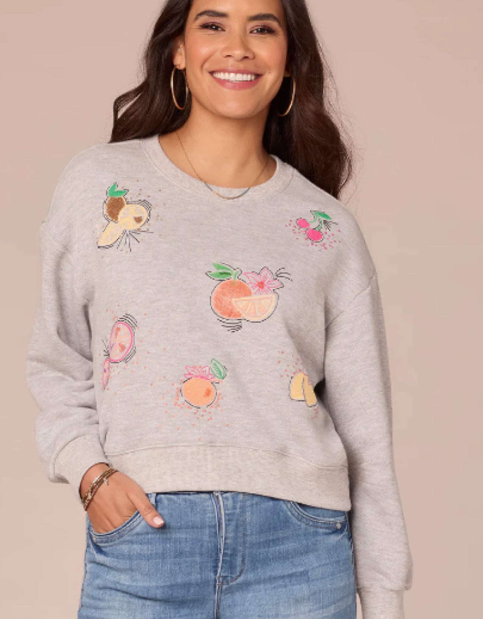 Democracy Democracy  Heather Grey 3/4 Sleeve Scoop Neck Banded Hem Emb. Sweatshirt LS