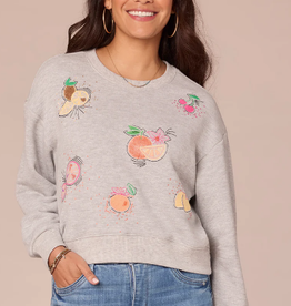 Democracy Democracy Heather Grey 3/4 Sleeve Scoop Neck Banded Hem Emb. Sweatshirt LS