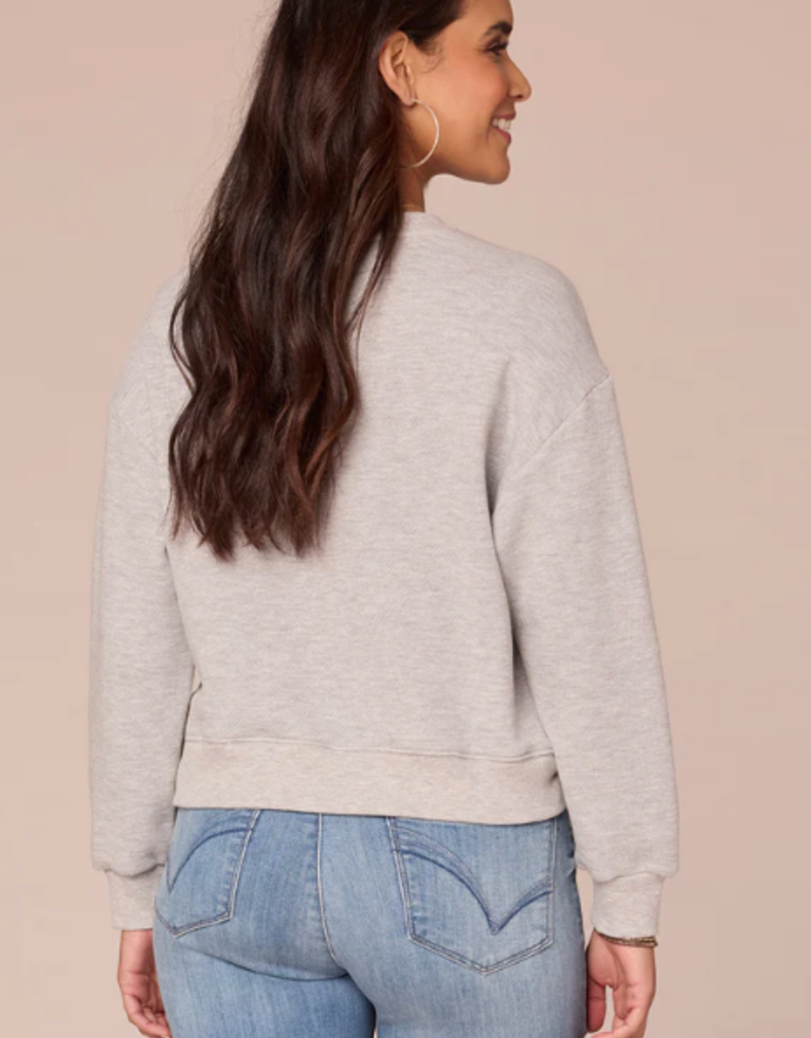 Democracy Democracy  Heather Grey 3/4 Sleeve Scoop Neck Banded Hem Emb. Sweatshirt LS