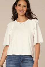 Democracy Democracy  O.White Smock Ruffle Short Sleeve Round Neck Mixed Media Top LB