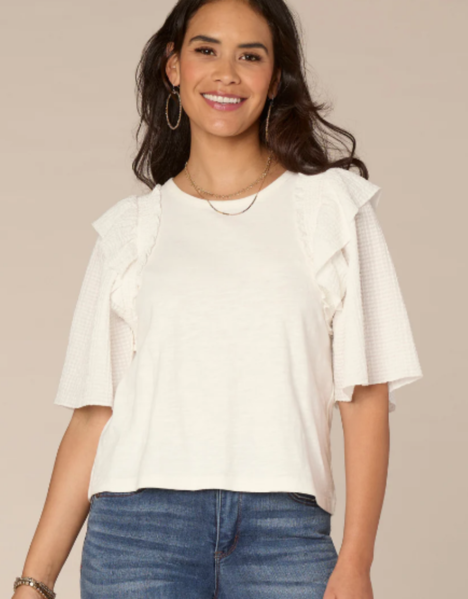 Democracy Democracy  O.White Smock Ruffle Short Sleeve Round Neck Mixed Media Top LB
