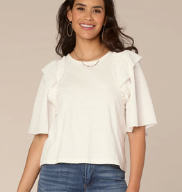 Democracy Democracy  O.White Smock Ruffle Short Sleeve Round Neck Mixed Media Top LB